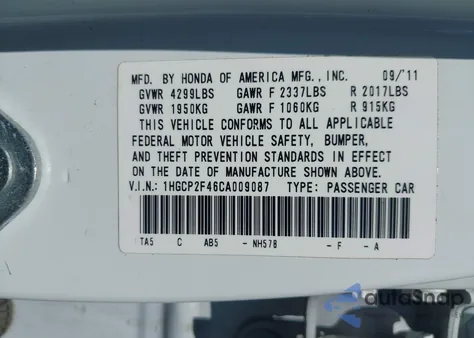 2012 Honda Accord 2.4 Lx-P from USA, damaged, VIN 1HGCP2F46CA009087